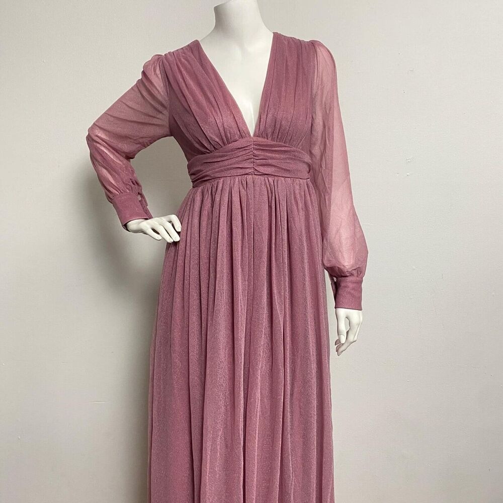 Faeriesty Dusty Rose VNeck Shear Long Sleeve Bridesmaid Dress Ruched A-line Sz S - Picture 7 of 12